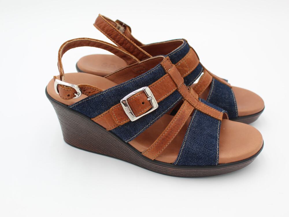 SAS Wedge Sandals Womens 6.5 Brown Denim Leather Comfort Slingback Resort Summer